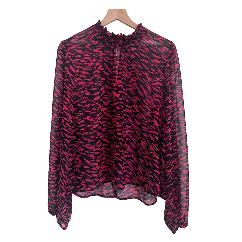 Allison Joy For Evereve XL Red Black Ruffle Blouse Long Sleeve Sheer Top